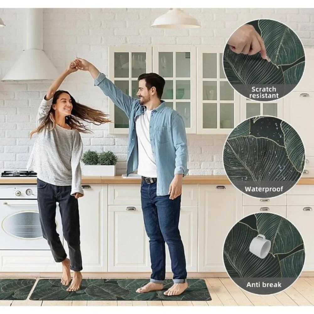 New Green Kitchen Mats, Set of 2 Cushioned Anti-Fatigue Boho Memory Foam Rugs